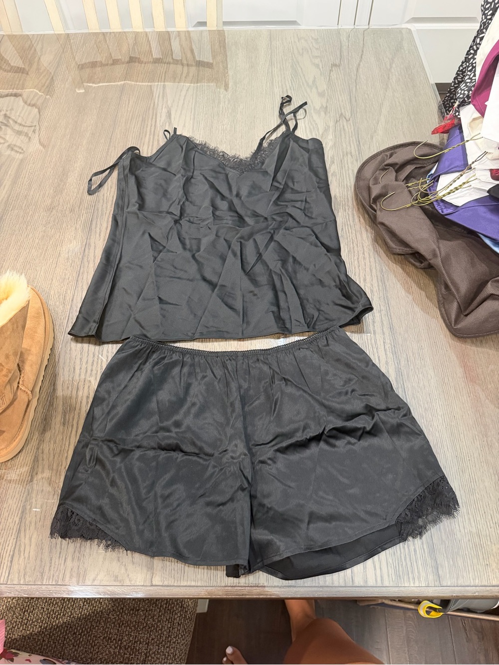 Brooks Brothers Black Satin Lace Trim Cami and Shorts Set